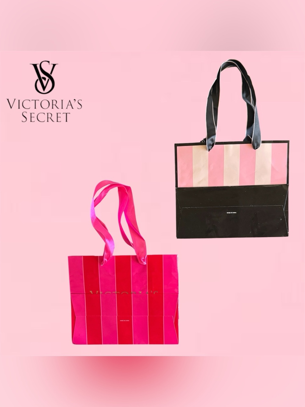 Victoria's Secret Pink Striped Tote Gift Bags - Hot Pink & Light Pink (SET of 2) - Picture 2 of 4